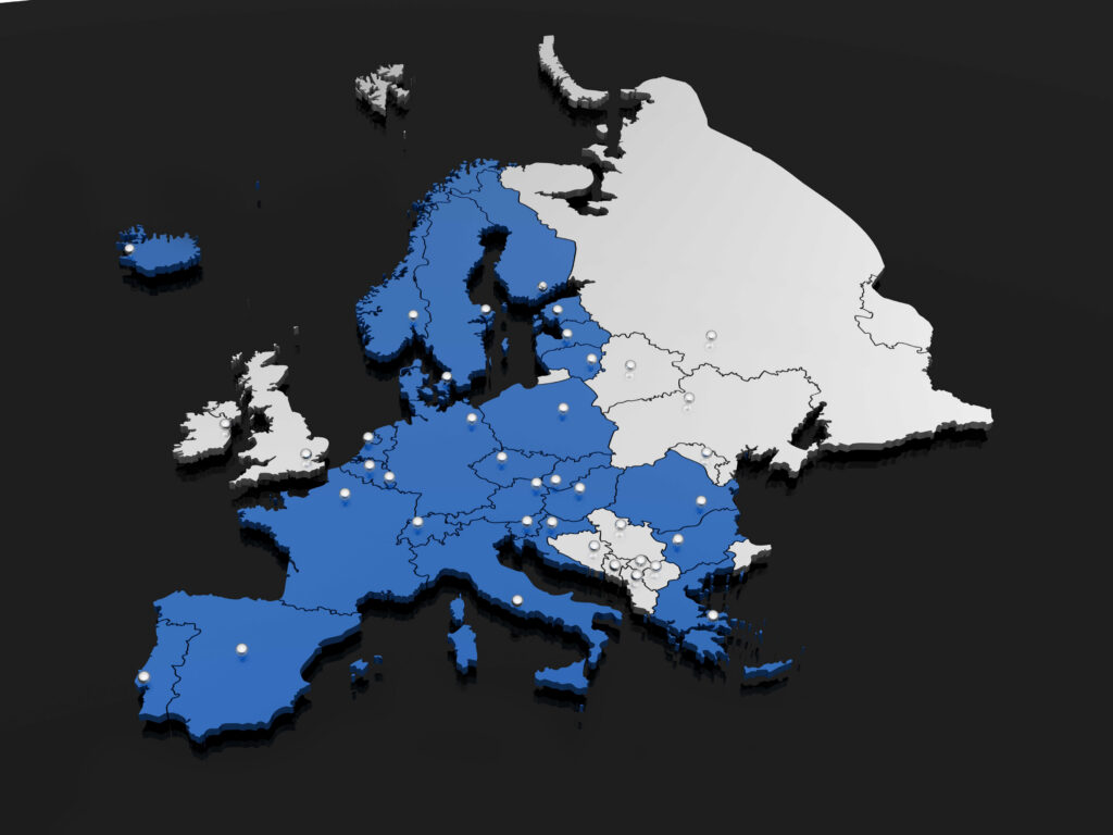 A map highlighting the countries in the EU that make up the Schengen area.